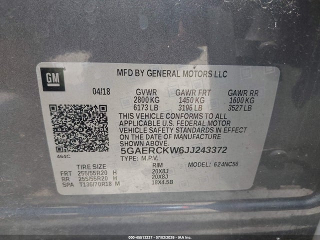 45513237 :رقم المزاد ، 5GAERCKW6JJ243372 vin ، 2018 Buick Enclave Premium مزاد بيع
