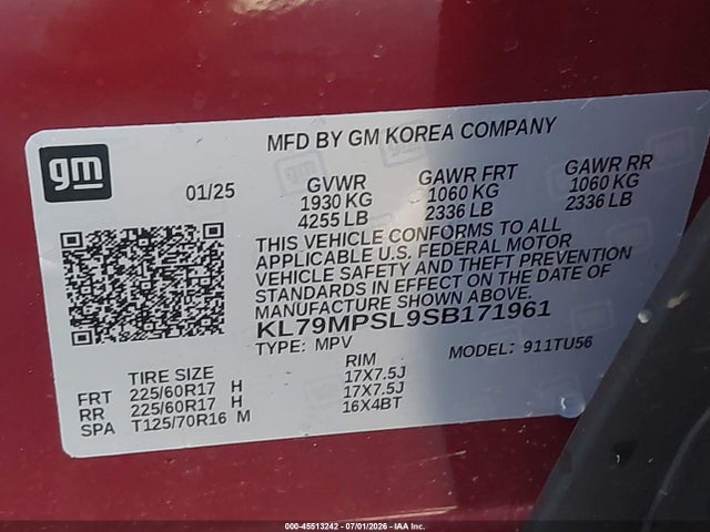 45513242 :رقم المزاد ، KL79MPSL9SB171961 vin ، 2025 Chevrolet Trailblazer Fwd Lt مزاد بيع