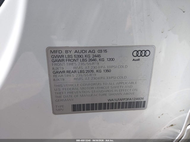 45513245 :رقم المزاد ، WA1LFAFP3FA124606 vin ، 2015 Audi Q5 2.0t Premium مزاد بيع