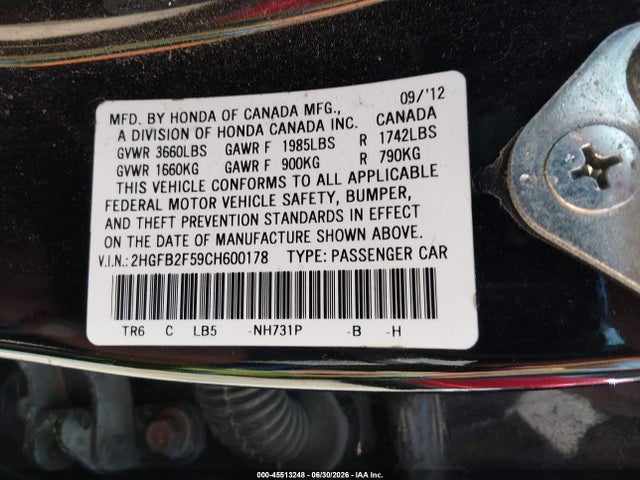 2012 Honda Civic Lx მანქანა იყიდება აუქციონზე, vin: 2HGFB2F59CH600178, აუქციონის ნომერი: 45513248