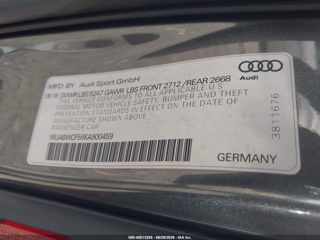 2019 Audi Rs 5 2.9t მანქანა იყიდება აუქციონზე, vin: WUABWCF56KA900459, აუქციონის ნომერი: 45513285