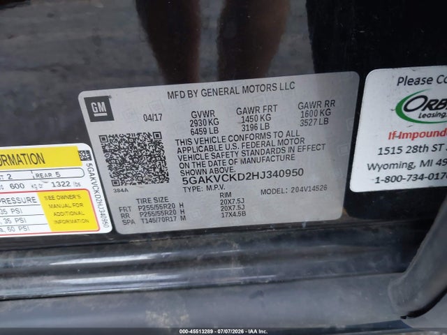 2017 Buick Enclave Premium მანქანა იყიდება აუქციონზე, vin: 5GAKVCKD2HJ340950, აუქციონის ნომერი: 45513289