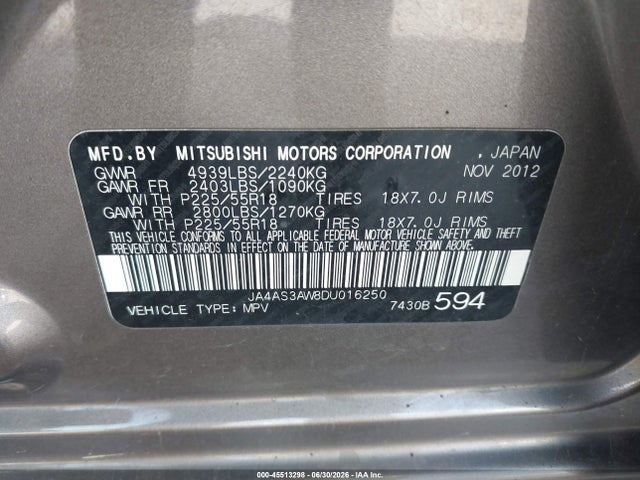 Продаж на аукціоні авто 2013 Mitsubishi Outlander Se, vin: JA4AS3AW8DU016250, номер лоту: 45513298
