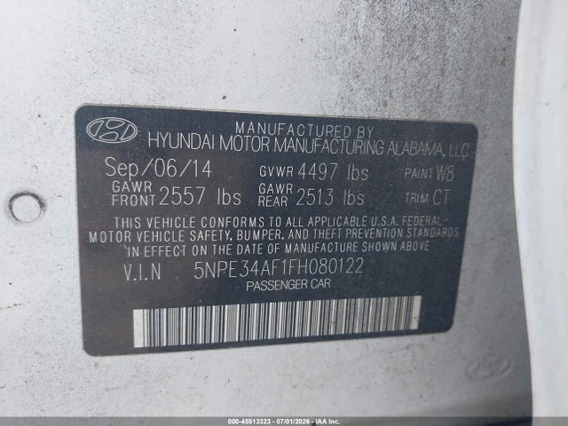 Auction sale of the 2015 Hyundai Sonata Sport, vin: 5NPE34AF1FH080122, lot number: 45513323