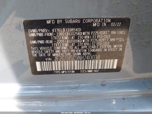 Aukcja sprzedaży 2022 Subaru Crosstrek Sport, vin: JF2GTHSC9NH240038, numer aukcji: 45513340