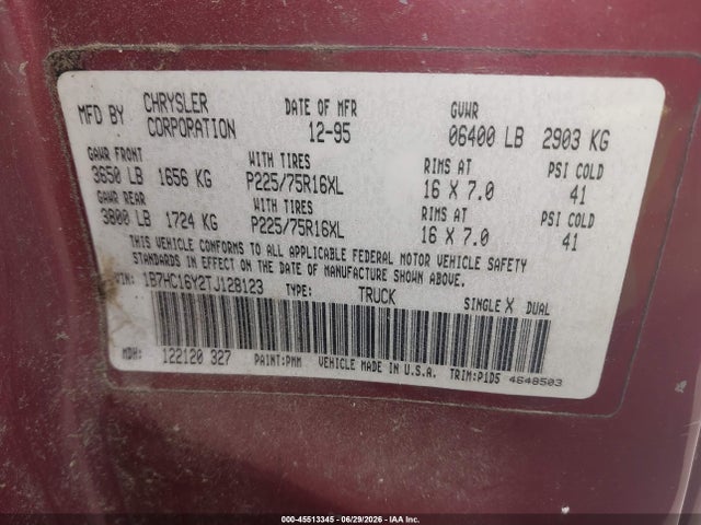 Aukcja sprzedaży 1996 Dodge Ram 1500, vin: 1B7HC16Y2TJ128123, numer aukcji: 45513345