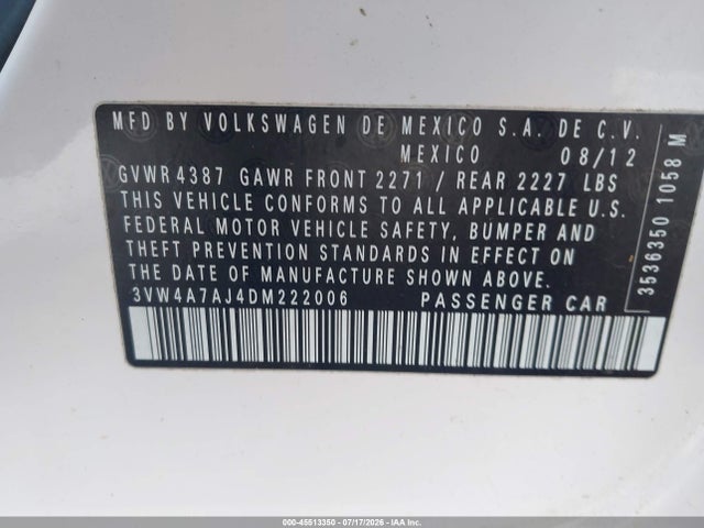 45513350 :رقم المزاد ، 3VW4A7AJ4DM222006 vin ، 2013 Volkswagen Jetta Gli Autobahn W/nav مزاد بيع