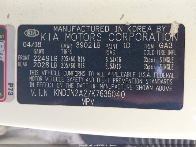 45513363 :رقم المزاد ، KNDJN2A27K7636040 vin ، 2019 Kia Soul مزاد بيع