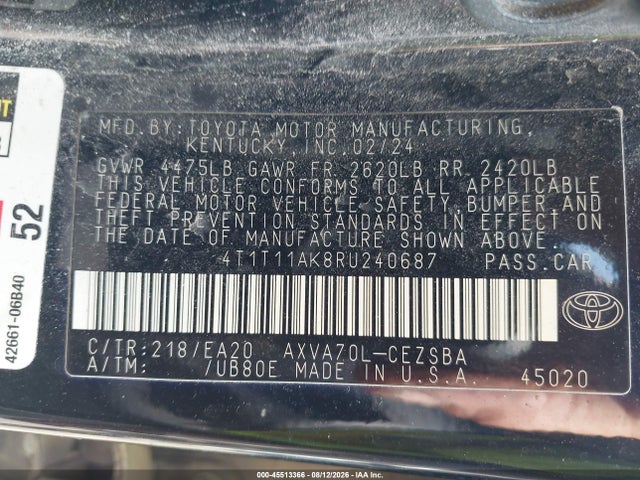 Продажа на аукционе авто 2024 Toyota Camry Se, vin: 4T1T11AK8RU240687, номер лота: 45513366
