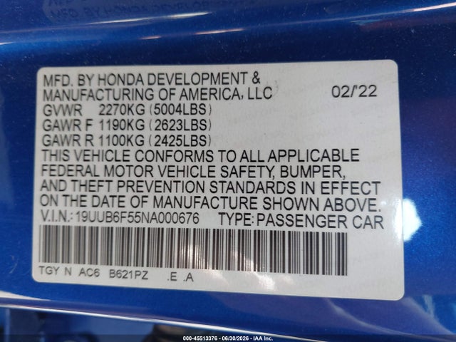 Aukcja sprzedaży 2022 Acura Tlx A-spec Package, vin: 19UUB6F55NA000676, numer aukcji: 45513376