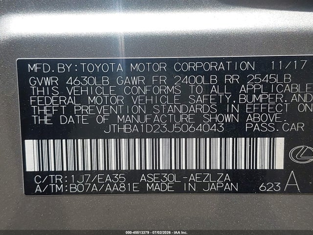 Продажа на аукционе авто 2018 Lexus Is 300, vin: JTHBA1D23J5064043, номер лота: 45513379