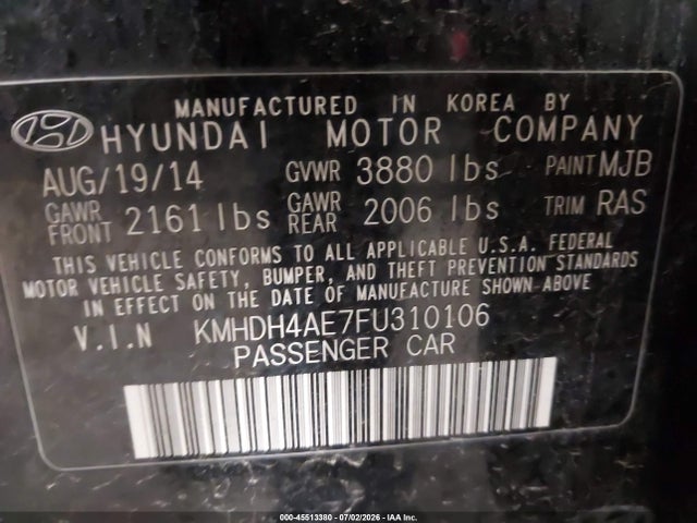Продаж на аукціоні авто 2015 Hyundai Elantra Se, vin: KMHDH4AE7FU310106, номер лоту: 45513380