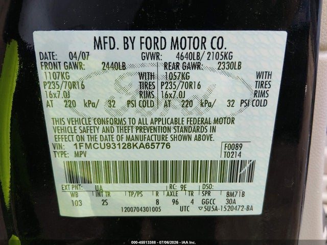 45513388 :رقم المزاد ، 1FMCU93128KA65776 vin ، 2008 Ford Escape Xlt مزاد بيع