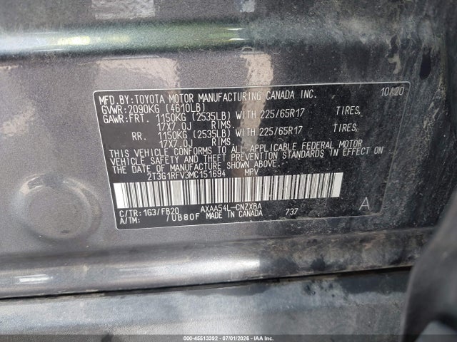 Aukcja sprzedaży 2021 Toyota Rav4 Le, vin: 2T3G1RFV3MC151694, numer aukcji: 45513392