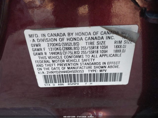 45513399 :رقم المزاد ، 2HNYD2H44DH509353 vin ، 2013 Acura Mdx Technology Package مزاد بيع