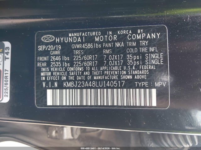 Aukcja sprzedaży 2020 Hyundai Tucson Se, vin: KM8J23A48LU140517, numer aukcji: 45513401