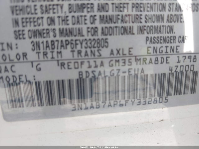 Aukcja sprzedaży 2015 Nissan Sentra Sl, vin: 3N1AB7AP6FY332805, numer aukcji: 45513403