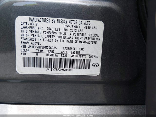 Aukcja sprzedaży 2021 Infiniti Q50 Luxe, vin: JN1EV7BP7MM706085, numer aukcji: 45513413