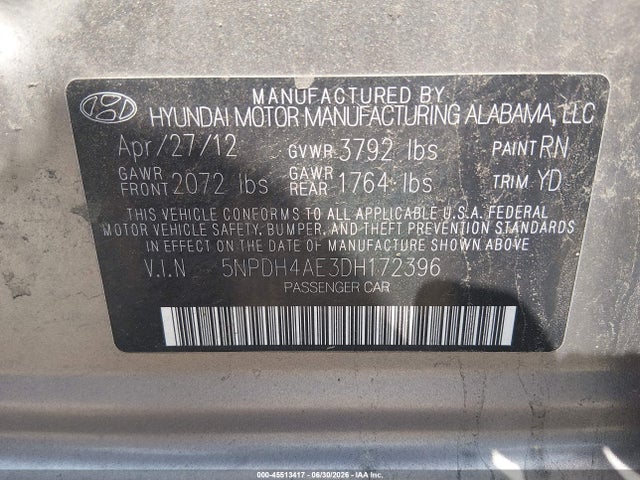 2013 Hyundai Elantra Gls მანქანა იყიდება აუქციონზე, vin: 5NPDH4AE3DH172396, აუქციონის ნომერი: 45513417