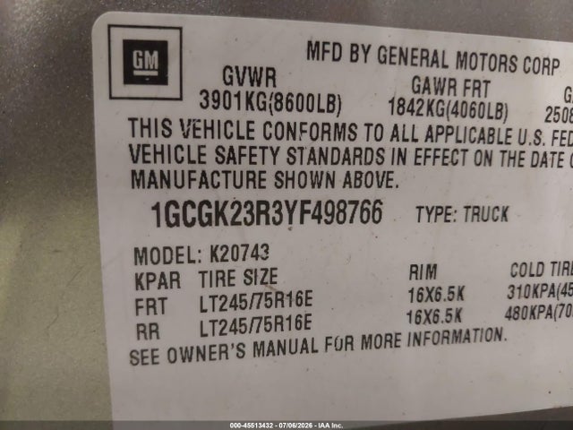Продаж на аукціоні авто 2000 Chevrolet K2500, vin: 1GCGK23R3YF498766, номер лоту: 45513432