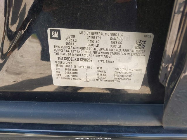 Aukcja sprzedaży 2016 Gmc Canyon 4wd Slt, vin: 1GTG6DE3XG1390262, numer aukcji: 45513449