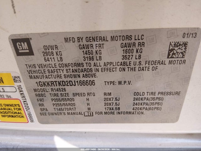 Aukcja sprzedaży 2013 Gmc Acadia Denali, vin: 1GKKRTKD2DJ166606, numer aukcji: 45513486