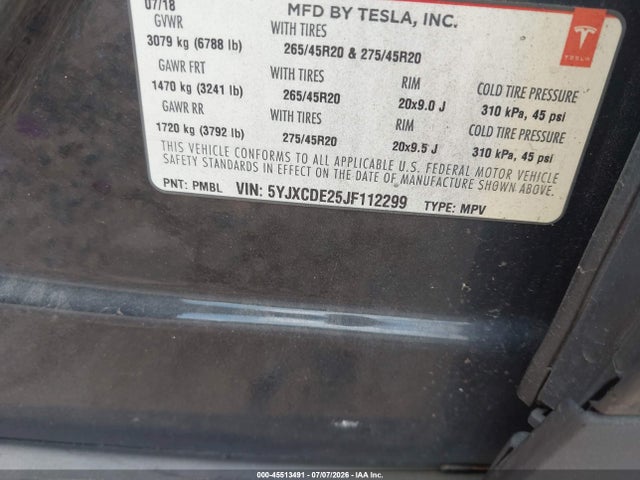 Aukcja sprzedaży 2018 Tesla Model X 100d/75d/p100d, vin: 5YJXCDE25JF112299, numer aukcji: 45513491