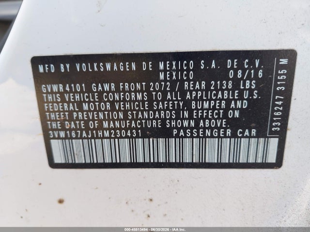 2017 Volkswagen Jetta 1.4t S მანქანა იყიდება აუქციონზე, vin: 3VW167AJ1HM230431, აუქციონის ნომერი: 45513494