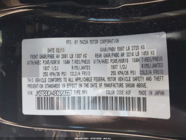 Aukcja sprzedaży 2011 Mazda Cx-9 Touring, vin: JM3TB3CA4B0320557, numer aukcji: 45513501