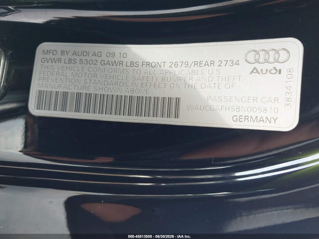 2011 Audi S5 3.0 Premium Plus მანქანა იყიდება აუქციონზე, vin: WAUCGAFH5BN005810, აუქციონის ნომერი: 45513508