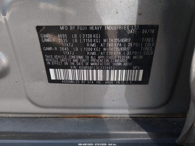 45513525 :رقم المزاد ، 4S4BSAFC3G3328852 vin ، 2016 Subaru Outback 2.5i Premium مزاد بيع