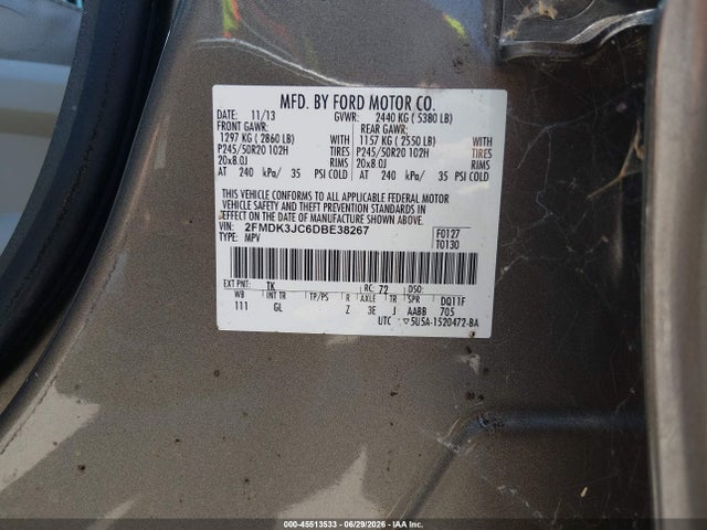 2013 Ford Edge Sel მანქანა იყიდება აუქციონზე, vin: 2FMDK3JC6DBE38267, აუქციონის ნომერი: 45513533