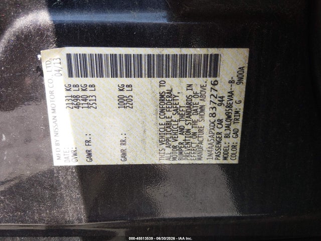 Auction sale of the 2013 Nissan Maxima 3.5 S, vin: 1N4AA5APXDC837276, lot number: 45513539