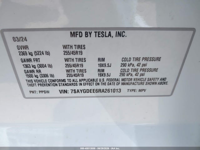 Продажа на аукционе авто 2024 Tesla Model Y Long Range Dual Motor All-wheel Drive, vin: 7SAYGDEE6RA261013, номер лота: 45513559