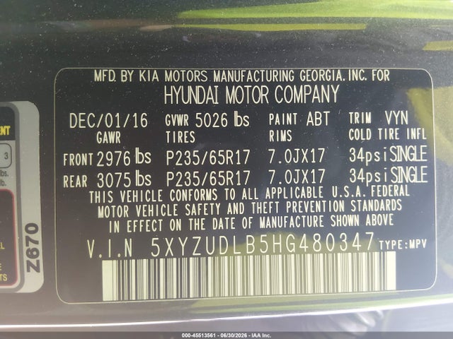 Продаж на аукціоні авто 2017 Hyundai Santa Fe Sport 2.4l, vin: 5XYZUDLB5HG480347, номер лоту: 45513561