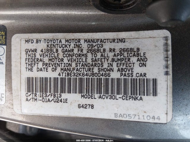 45513586 :رقم المزاد ، 4T1BE32K64U800466 vin ، 2004 Toyota Camry Le/xle/se مزاد بيع