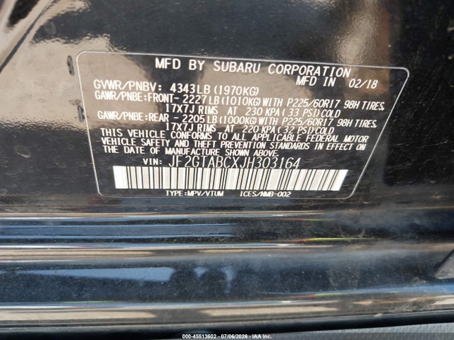 45513602 :رقم المزاد ، JF2GTABCXJH303164 vin ، 2018 Subaru Crosstrek 2.0i Premium مزاد بيع
