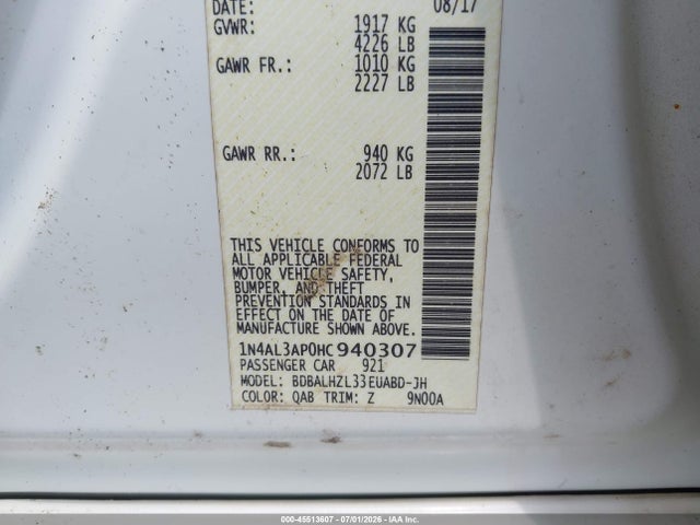 Продаж на аукціоні авто 2017 Nissan Altima 2.5 Sr, vin: 1N4AL3AP0HC940307, номер лоту: 45513607