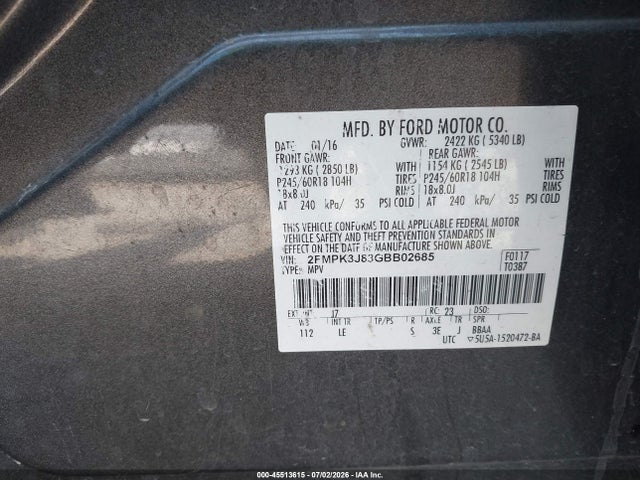 45513615 :رقم المزاد ، 2FMPK3J83GBB02685 vin ، 2016 Ford Edge Sel مزاد بيع