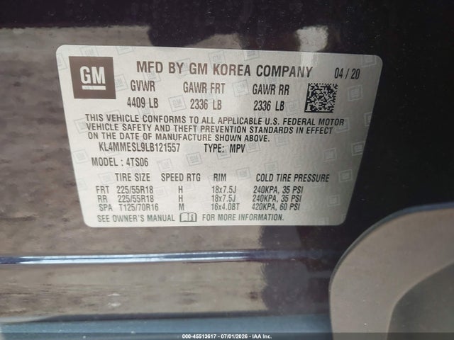 45513617 :رقم المزاد ، KL4MMESL9LB121557 vin ، 2020 Buick Encore Gx Awd Select مزاد بيع
