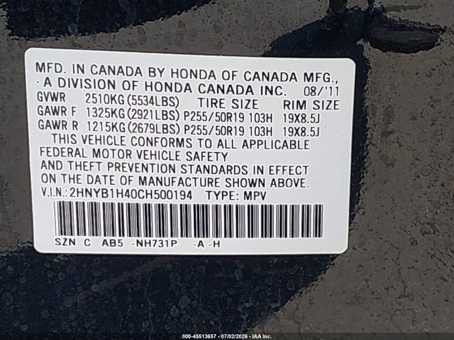 2012 Acura Zdx მანქანა იყიდება აუქციონზე, vin: 2HNYB1H40CH500194, აუქციონის ნომერი: 45513657