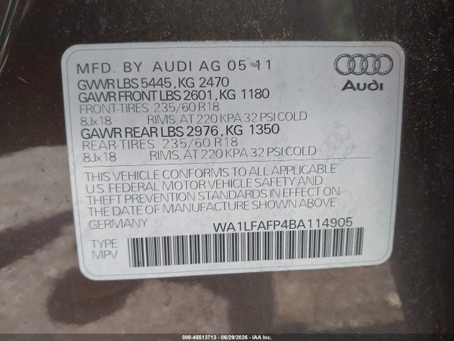 Aukcja sprzedaży 2011 Audi Q5 2.0t Premium, vin: WA1LFAFP4BA114905, numer aukcji: 45513713