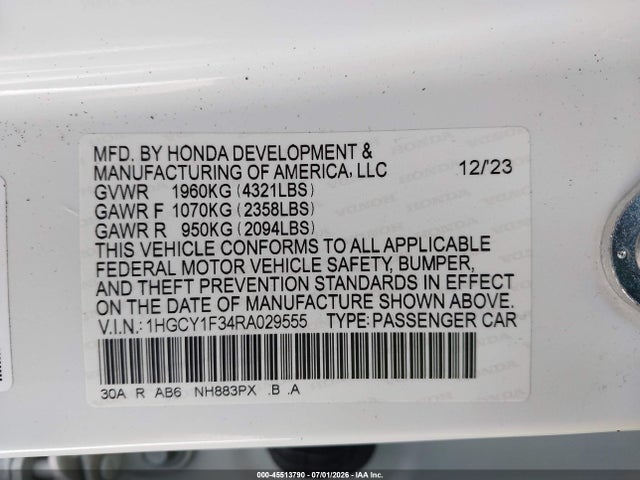 45513790 :رقم المزاد ، 1HGCY1F34RA029555 vin ، 2024 Honda Accord Ex مزاد بيع