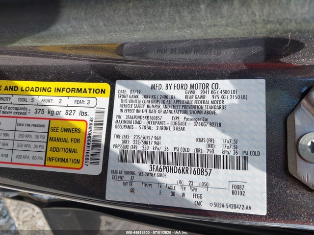 Ford FUSION SE 2019 3FA6P0HD6KR160857 Image 9