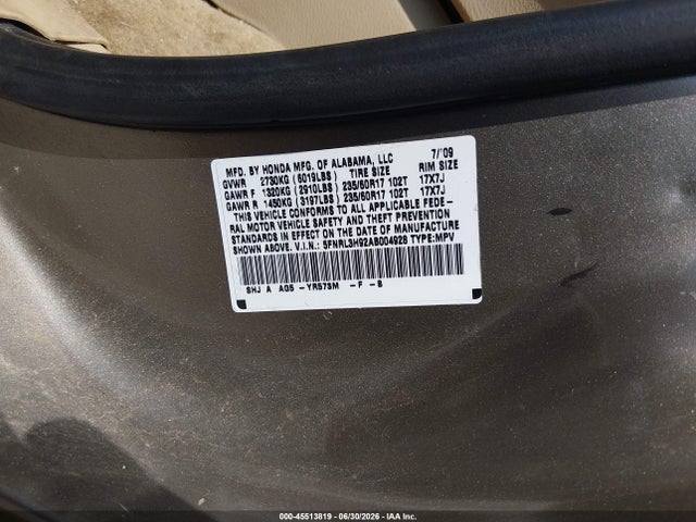 2010 Honda Odyssey Touring მანქანა იყიდება აუქციონზე, vin: 5FNRL3H92AB004928, აუქციონის ნომერი: 45513819