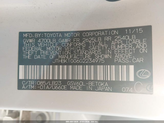 Продажа на аукционе авто 2016 Lexus Es 350, vin: JTHBK1GG6G2234975, номер лота: 45513829