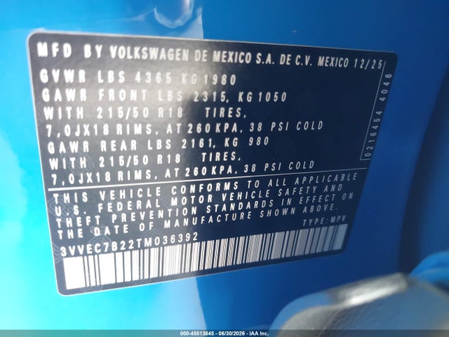 2026 Volkswagen Taos Se მანქანა იყიდება აუქციონზე, vin: 3VVEC7B22TM036392, აუქციონის ნომერი: 45513845