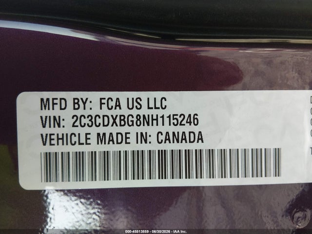 45513859 :رقم المزاد ، 2C3CDXBG8NH115246 vin ، 2022 Dodge Charger Sxt Rwd مزاد بيع