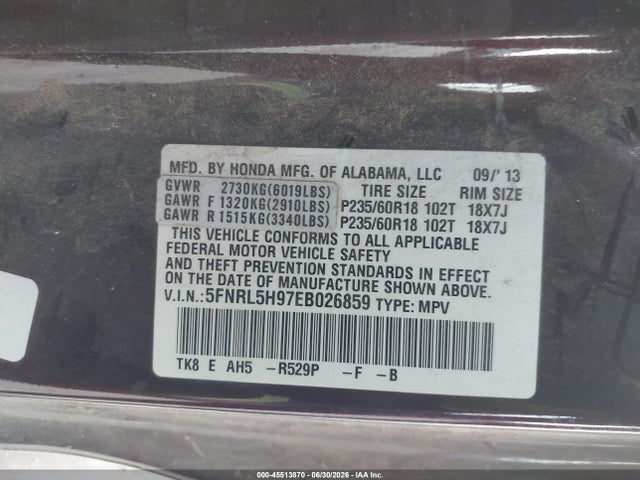 5FNRL5H97EB026859 Honda Odyssey Touring/touring Elite