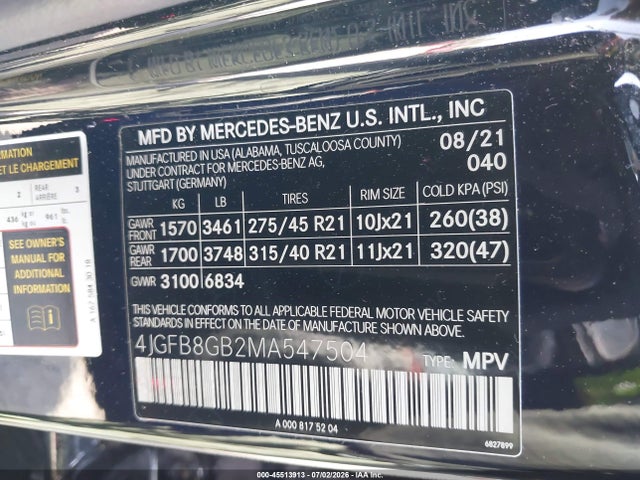4JGFB8GB2MA547504 Mercedes-Benz Gle 580 4matic